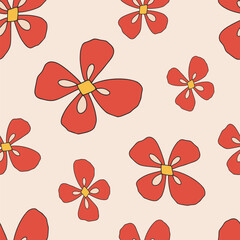 Red flowers on beige seamless pattern. Cute primitive naive style. Textile design with colorful outline floral elements. Botany blooming spring, summer texture. Hand drawn plants. Vector surface