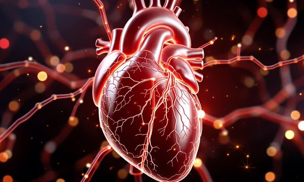 Human heart 3D rendered glowing veins, suitable for medical illustrations, science presentations, Valentines Day graphics, health brochures, and educational materials.