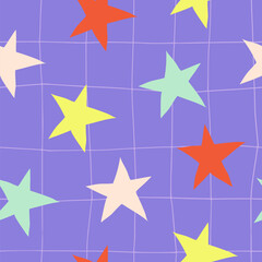 Seamless pattern with stars on checkered purple background. Hand drawn cosmic elements. Simple minimalist vector texture for textile, fabric, paper, party decoration. Night sky, space concept