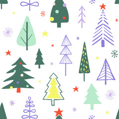 Obraz premium New year seamless pattern with simple primitive doodle christmas trees. Hand drawn winter forest. Funny cartoon background for greeting cards, textile, paper, holiday decoration 