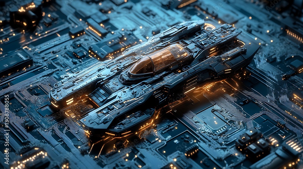 Aufkleber futuristic spacecraft hovering above complex glowing circuit board design