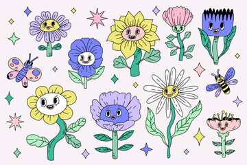 70's vintage groovy flowers collection. Hippie cute retro elements with  flower. Psychedelic outline flora. Funky chartoon character concepts. Colorful vector set for prints, stickers