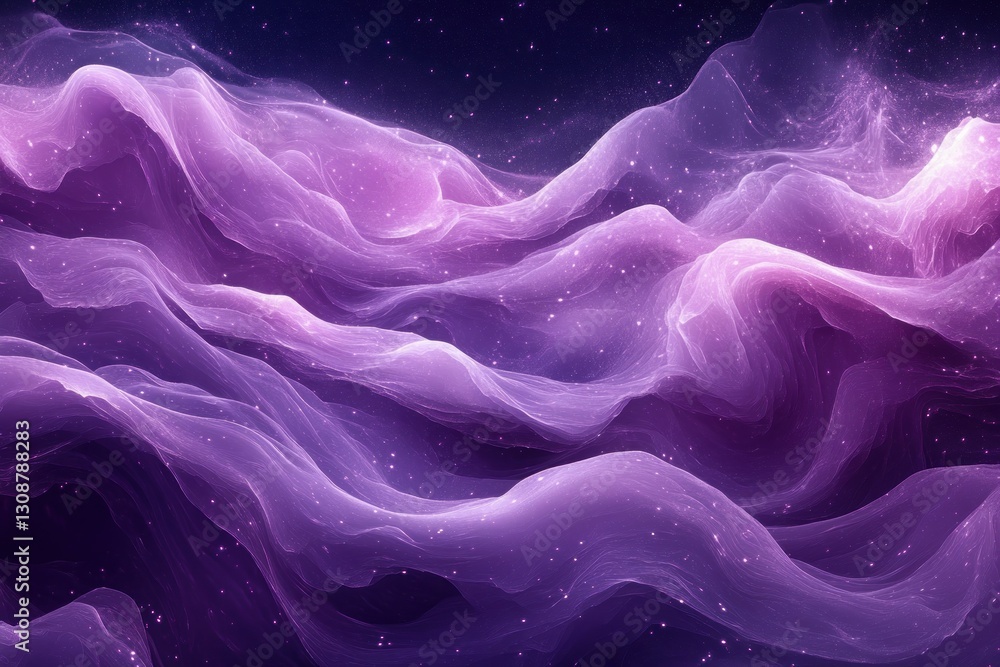 Poster purple nebula cosmic waves with sparkling particles in space background