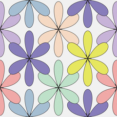 Seamless pattern with brutal contemporary colorful outline flowers. Floral figures in y2k style, retro futuristic. Abstract graphic geometric linear plants, 2000s. Primitive vector surface