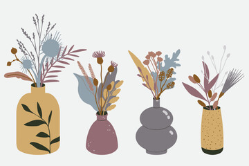 Winter bohemian bouquets: Collection of botanical compositions in vases. Trendy dried wild grass, flowers, leaves, plants. Hand drawn flat illustration. Elegant boho interior floral decor