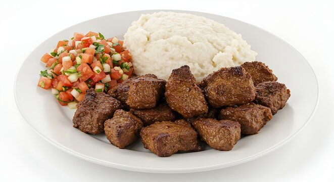 A Tanzanian plate of nyama choma (grilled meat) with ugali and kachumbari salad, on white.
