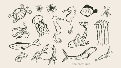 Underwater creatures: fish, crab, starfish, shrimp, seahorse. Modern wild life doodles. Simple outline ink sketches.Hand drawn sea, ocean creatures. Isolated vector elements. Naive childish style