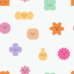 Seamless pattern with abstract geometric characters. Different emotions and feelings. Cartoon cute comic shapes with face expressions. Texture with childish flat vector illustrations on black