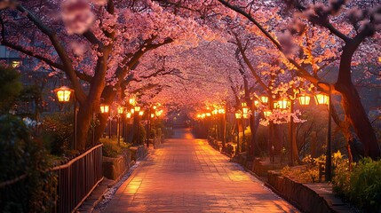 Fototapeta premium Stunning cherry blossom spectacle with vibrant floral displays all around.