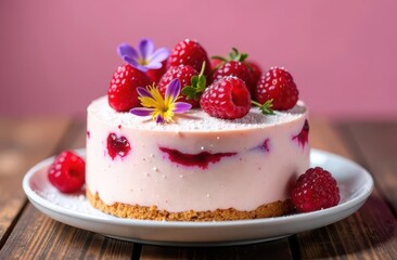 Cheesecake with raspberries and flowers on a pink background