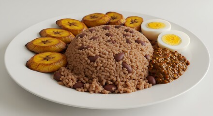 A plate of Ghanaian waakye with fried plantains, shito sauce, and boiled eggs, on white.