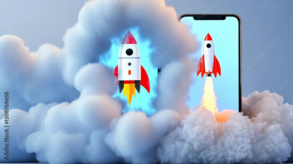 Poster startup concept with rocket taking off from a smartphone screen with smoke and blue chroma key backg