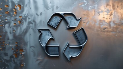 Metallic recycling symbol on metal sheet, symbolizing industrial sustainability and eco-friendly practices