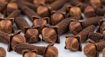 Pile of Aromatic Whole Clove Spices on a White Surface Closeup