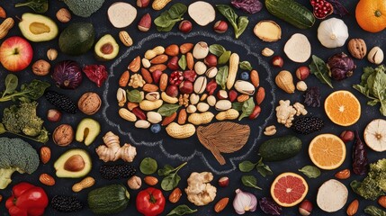 Colorful Arrangement of Fresh Fruits, Vegetables, Nuts, and Herbs Forming a Brain Shape on Dark Background