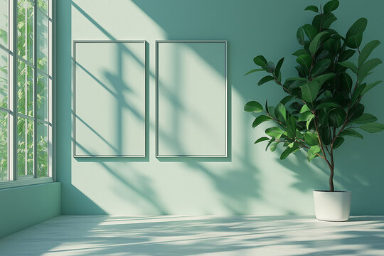 Serene Interior Scene: A sunlit interior presents an inviting corner, adorned with minimalist frames and a flourishing plant, casting dancing shadows that create a sense of tranquil space.