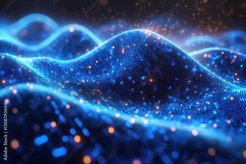 Poster glowing blue digital wave flowing in cyberspace with sparkling particles