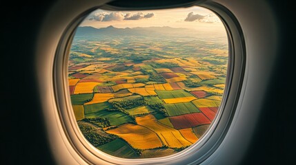 Naklejka premium An aircraft window view of an endless stretch of farmland, with patchwork fields in various colors 