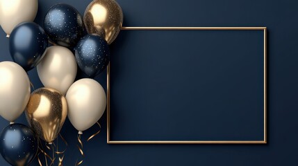 Elegant Gold and Navy Blue Balloons with Blank Frame Background for Party Invitation or Festive Design