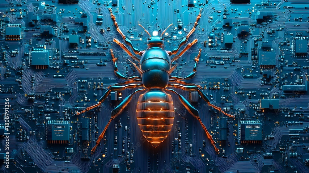 Poster ant on circuit board represents computer bug or cyber security threat