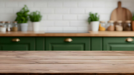Rustic Wooden Tabletop With Blurred Kitchen Interior Background Featuring Green Cabinets and Plants