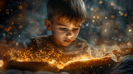 Boy is enthusiastically reading magic book. Complete immersion in daydreams. Mysterious rays and glowing golden particles surround book.