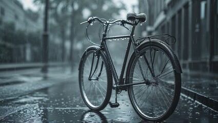 Fototapeta premium Bicycle parked in the rain, serene atmosphere, weathered urban landscape
