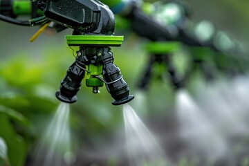 Close-up of agricultural sprayers in action, spraying pesticides over lush green crops to ensure healthy growth and pest control.