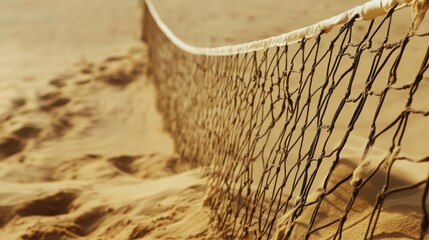 Obraz premium A volleyball net sits amidst the vast sandy landscape of the beach