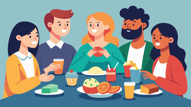 The cast shares a meal together during a break between acts bonding over their shared love for the theatrical arts.. Vector illustration