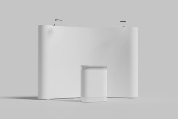Exhibition standing for mockup and Corporate identity,display.Empty booth Design.Retail booth design elements in Exhibition hall.Booth system of Graphic Resources.3d render.