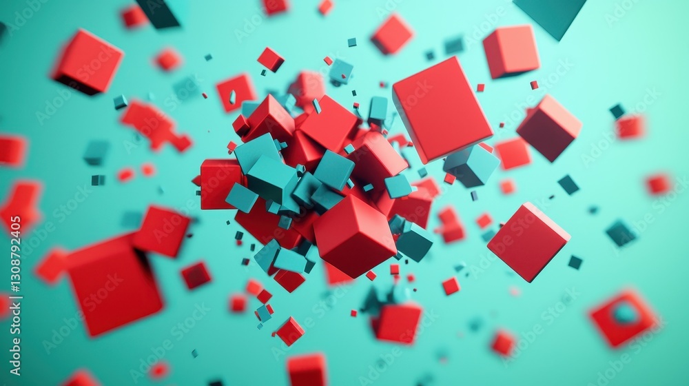 Poster abstract 3d floating shapes in red and teal against a light background for modern design elements
