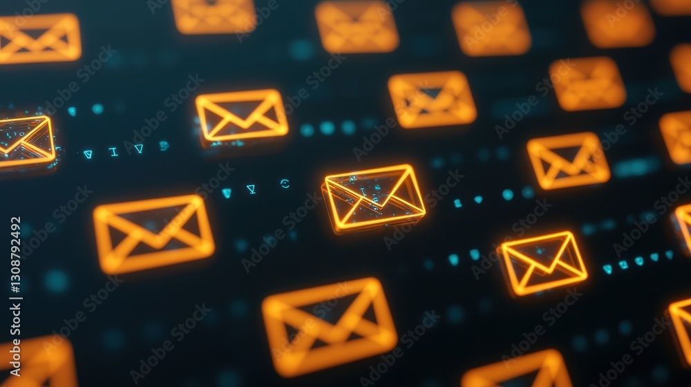 Poster abstract digital background with glowing email icons and data elements for technology and communicat