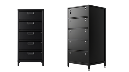 a black storage cabinet with multiple drawers and doors. isolated, transparent background	