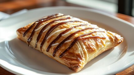 Delicious pastry with chocolate drizzle on white plate.