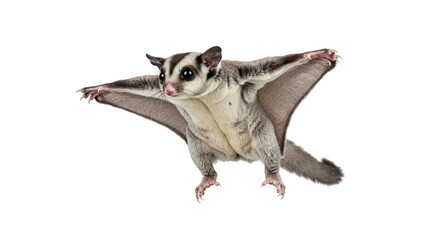 Sugar Glider Flying Isolated on White Background Showcasing Its Wing Membrane