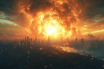 Fototapeta premium Massive explosion over futuristic city at sunset, apocalyptic scene