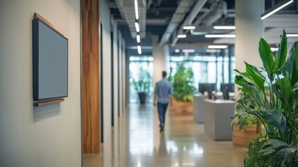 Fototapeta premium Modern Office Hallway Features A Person Walking Away From The Camera