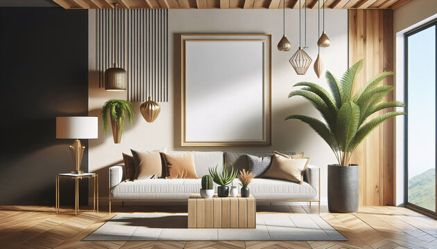 Eleganter Wohnraum mit Sitzm&ouml;bel und einem Blanko-Wandbild, mock-up, Vorlage f&uuml;r Raumbilder mit Poster oder Leinwandbilder