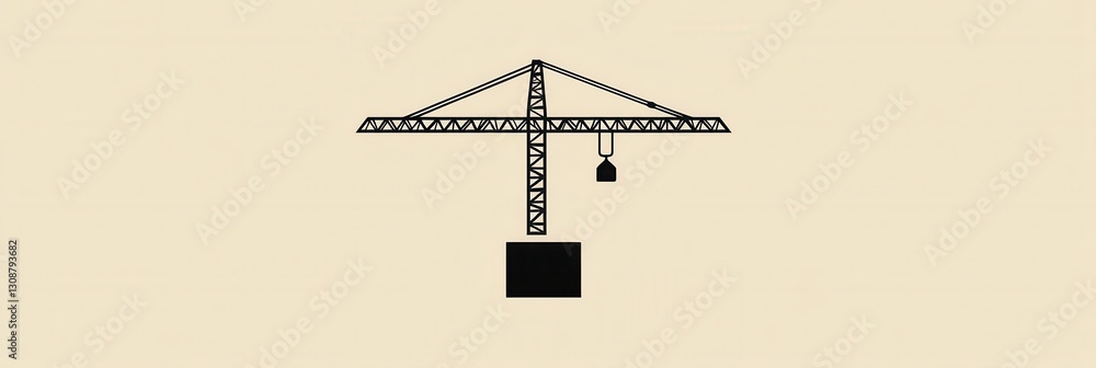 Poster minimalist construction logo featuring a silhouette of a tower crane lifting a block in modern line 