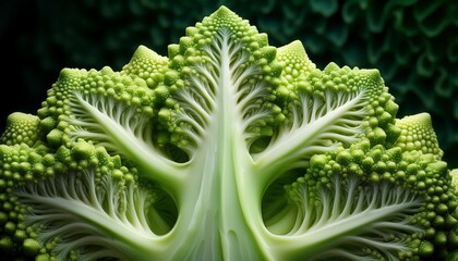 Extreme macro Romanesco cross-section: perfect symmetry, fractal pattern.  Intricate vegetable detail, vibrant green.  Unique food close-up, natural.

