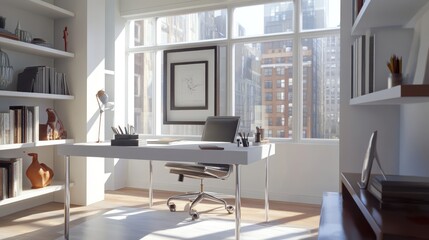 Sunlit modern office overlooking city; workspace, bookshelves