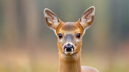 Fototapeta premium A delicate roe deer stands close to the camera, its large eyes staring directly into the lens.