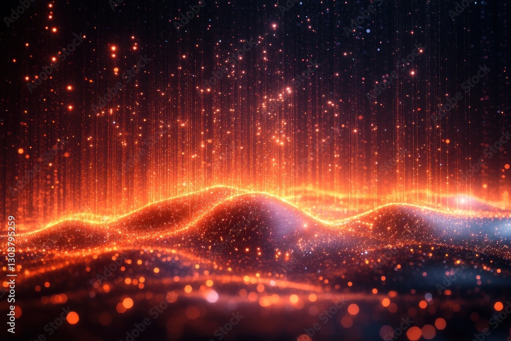 Poster glowing particle waves flow over dark landscape with shimmering light rain