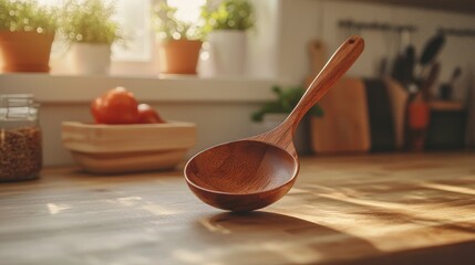 Wooden ladle rests on kitchen counter.