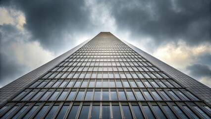 Fototapeta premium Dramatic skyscraper stretches skyward beneath cloudy sky, symbolizing ambition and modernity.