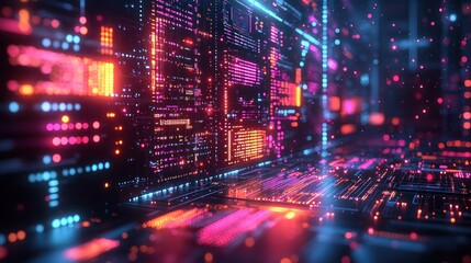 Obraz premium Glowing data stream on digital interface in cyberspace with light trails