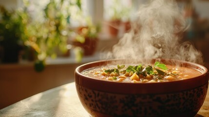 Steaming hot soup in rustic bowl on wooden table.