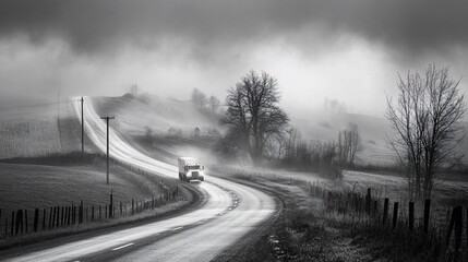 Misty morning, truck on winding road, hills, fog, travel