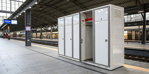 Fototapeta premium Lockers for luggage storage train station facilities urban environment wide angle view convenient travel solutions